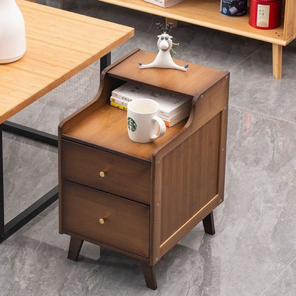 Traditional Chinese Bamboo Solid Wood Square Curved Nightstand 2-Drawer For Bedroom