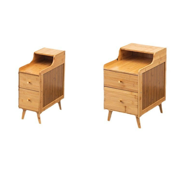 Traditional Chinese Bamboo Solid Wood Square Curved Nightstand 2-Drawer For Bedroom