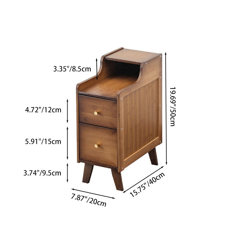 Traditional Chinese Bamboo Solid Wood Square Curved Nightstand 2-Drawer For Bedroom