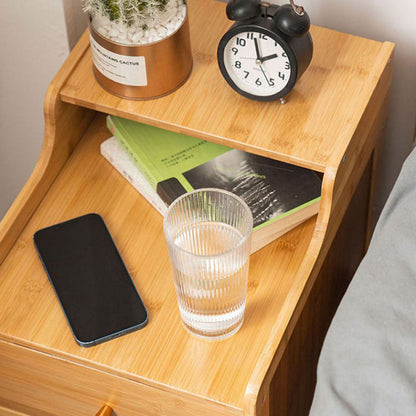 Traditional Chinese Bamboo Solid Wood Square Curved Nightstand 2-Drawer For Bedroom