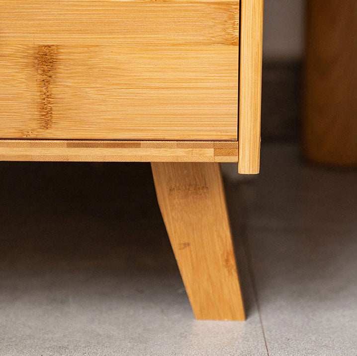 Traditional Chinese Bamboo Solid Wood Square Curved Nightstand 2-Drawer For Bedroom
