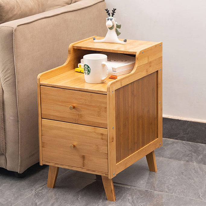 Traditional Chinese Bamboo Solid Wood Square Curved Nightstand 2-Drawer For Bedroom