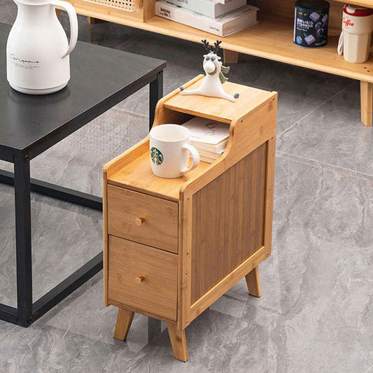 Traditional Chinese Bamboo Solid Wood Square Curved Nightstand 2-Drawer For Bedroom