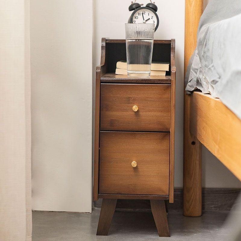 Traditional Chinese Bamboo Solid Wood Square Curved Nightstand 2-Drawer For Bedroom