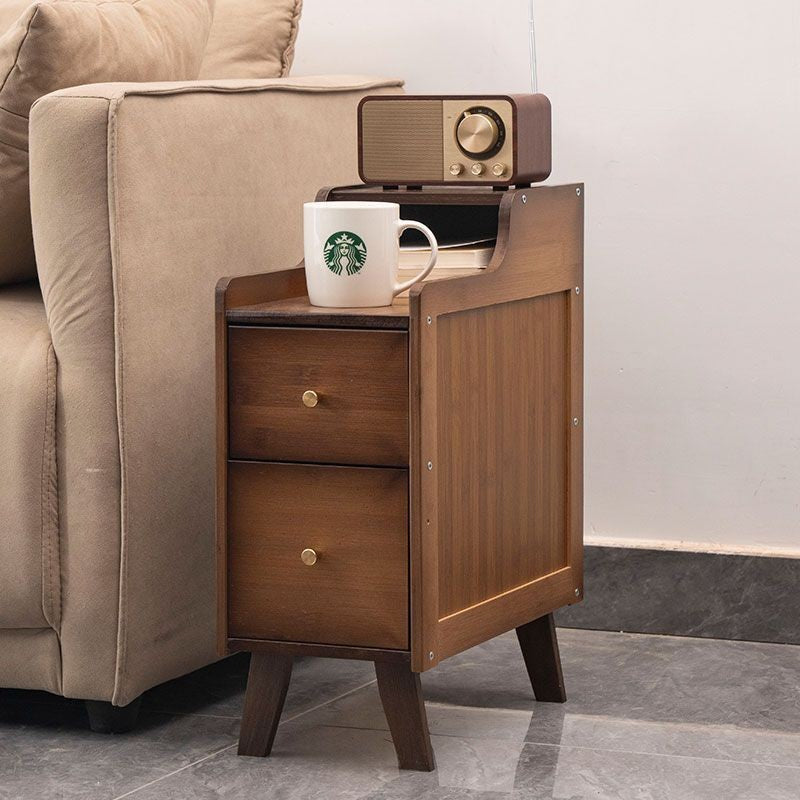 Traditional Chinese Bamboo Solid Wood Square Curved Nightstand 2-Drawer For Bedroom