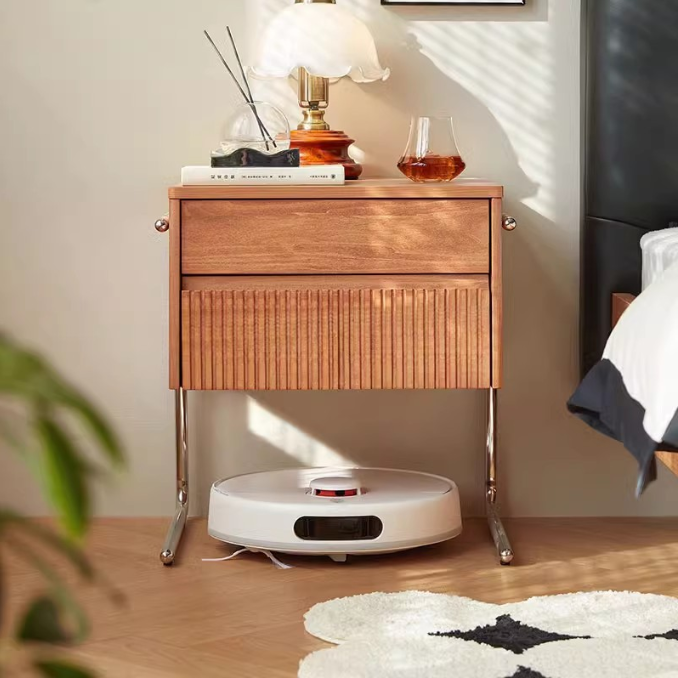 Contemporary Scandinavian Solid Wood Stainless Steel Striped Rectangular Nightstand With 2 Drawers For Bedroom