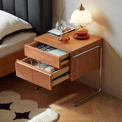 Contemporary Scandinavian Solid Wood Stainless Steel Striped Rectangular Nightstand With 2 Drawers For Bedroom