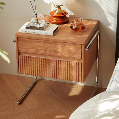 Contemporary Scandinavian Solid Wood Stainless Steel Striped Rectangular Nightstand With 2 Drawers For Bedroom