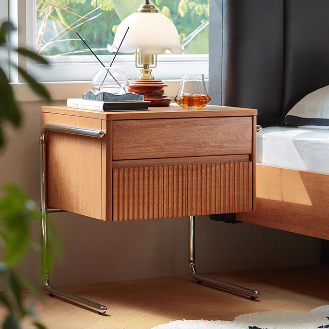 Contemporary Scandinavian Solid Wood Stainless Steel Striped Rectangular Nightstand With 2 Drawers For Bedroom