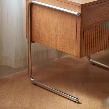 Contemporary Scandinavian Solid Wood Stainless Steel Striped Rectangular Nightstand With 2 Drawers For Bedroom