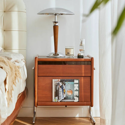 Contemporary Creative Pine Stainless Steel Curved Square Nightstand With 2 Drawers For Bedroom