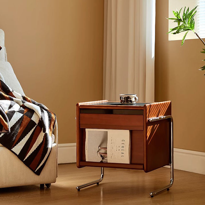 Contemporary Creative Pine Stainless Steel Curved Square Nightstand With 2 Drawers For Bedroom