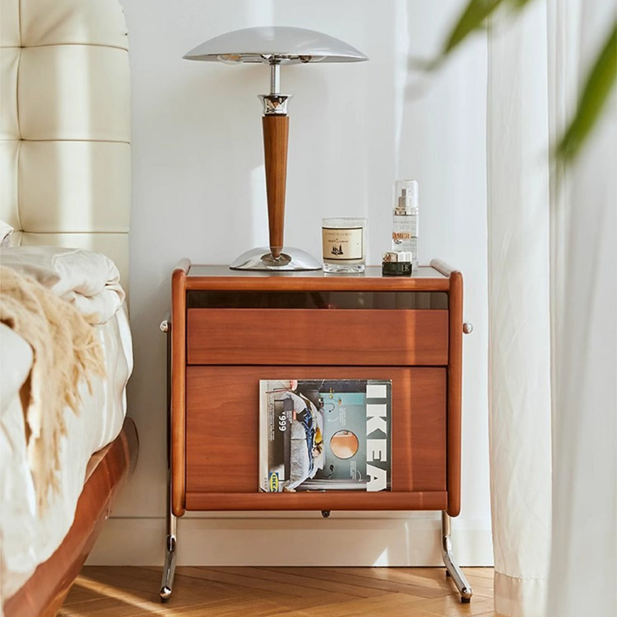 Contemporary Creative Pine Stainless Steel Curved Square Nightstand With 2 Drawers For Bedroom