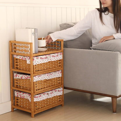 Modern Simplicity Rectangular Rattan Nightstand 3-Storage For Bedroom