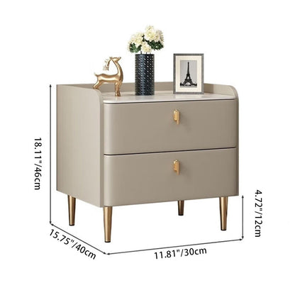 Modern Luxury Rectangular Cylinder Base Rock Slab Microfiber Leather Solid Wood Carbon Steel Nightstand 2-Drawer For Bedroom