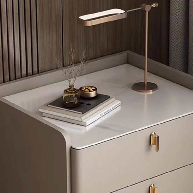 Modern Luxury Rectangular Cylinder Base Rock Slab Microfiber Leather Solid Wood Carbon Steel Nightstand 2-Drawer For Bedroom