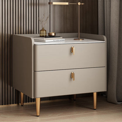 Modern Luxury Rectangular Cylinder Base Rock Slab Microfiber Leather Solid Wood Carbon Steel Nightstand 2-Drawer For Bedroom