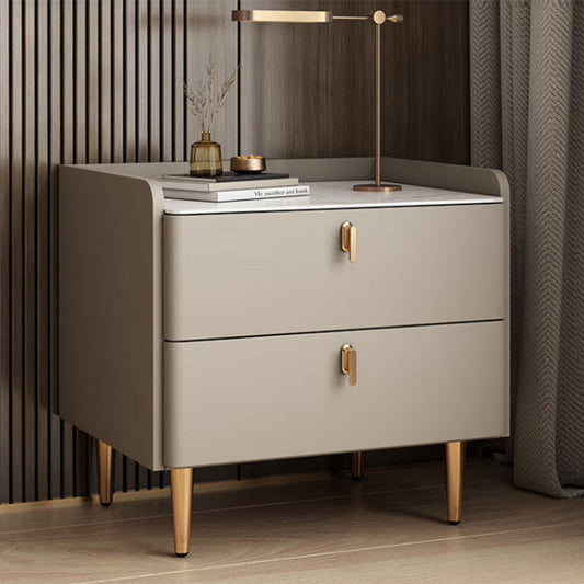 Modern Luxury Rectangular Cylinder Base Rock Slab Microfiber Leather Solid Wood Carbon Steel Nightstand 2-Drawer For Bedroom