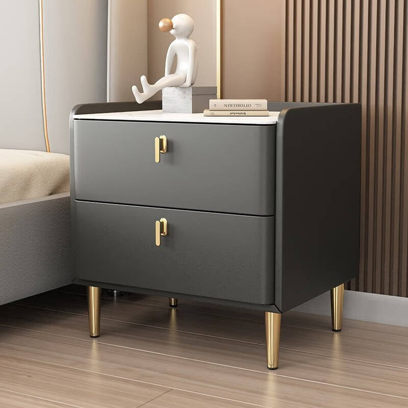 Modern Luxury Rectangular Cylinder Base Rock Slab Microfiber Leather Solid Wood Carbon Steel Nightstand 2-Drawer For Bedroom
