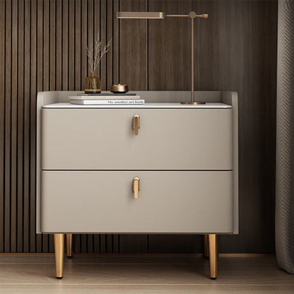 Modern Luxury Rectangular Cylinder Base Rock Slab Microfiber Leather Solid Wood Carbon Steel Nightstand 2-Drawer For Bedroom