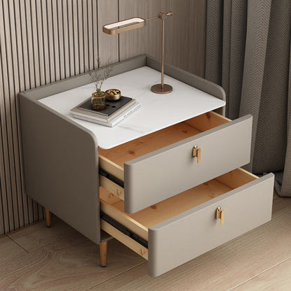 Modern Luxury Rectangular Cylinder Base Rock Slab Microfiber Leather Solid Wood Carbon Steel Nightstand 2-Drawer For Bedroom
