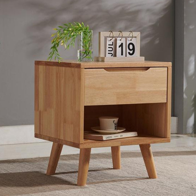 Contemporary Nordic Rectangular Wood Nightstand 1/2-Drawer For Bedroom