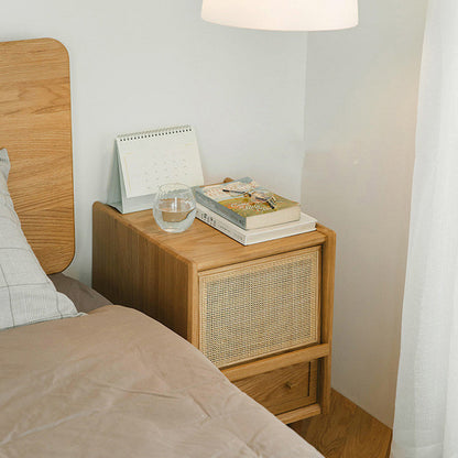 Contemporary Scandinavian Square Rectangular Rattan Solid Wood Nightstand 2-Drawer For Bedroom