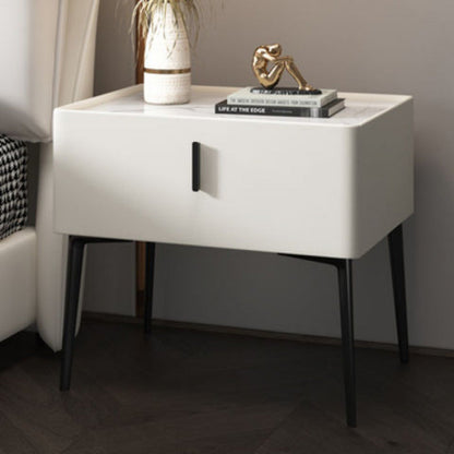 Modern Luxury Rectangular Marble Faux Leather Iron Solid Wood Nightstand 1-Drawer For Bedroom