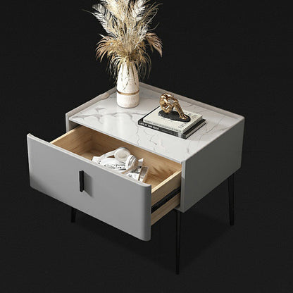 Modern Luxury Rectangular Marble Faux Leather Iron Solid Wood Nightstand 1-Drawer For Bedroom