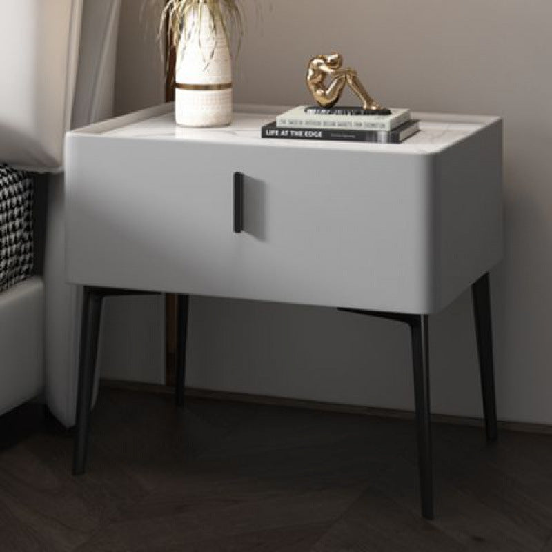 Modern Luxury Rectangular Marble Faux Leather Iron Solid Wood Nightstand 1-Drawer For Bedroom