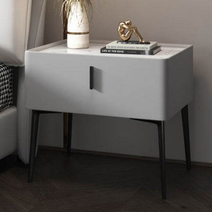 Modern Luxury Rectangular Marble Faux Leather Iron Solid Wood Nightstand 1-Drawer For Bedroom