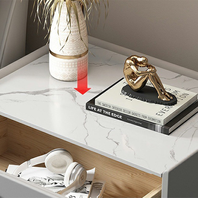 Modern Luxury Rectangular Marble Faux Leather Iron Solid Wood Nightstand 1-Drawer For Bedroom