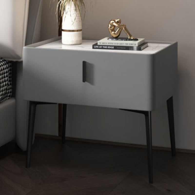 Modern Luxury Rectangular Marble Faux Leather Iron Solid Wood Nightstand 1-Drawer For Bedroom