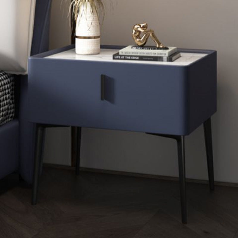 Modern Luxury Rectangular Marble Faux Leather Iron Solid Wood Nightstand 1-Drawer For Bedroom