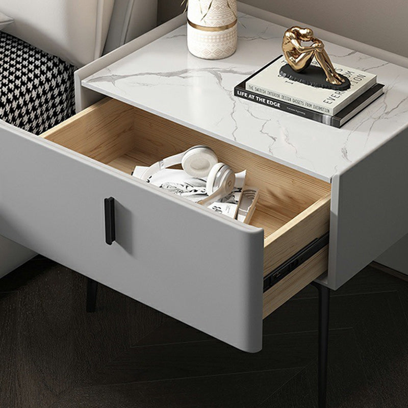 Modern Luxury Rectangular Marble Faux Leather Iron Solid Wood Nightstand 1-Drawer For Bedroom