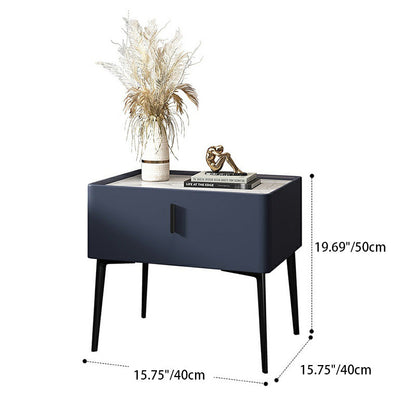Modern Luxury Rectangular Marble Faux Leather Iron Solid Wood Nightstand 1-Drawer For Bedroom