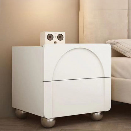 Modern Minimalist Square Half Round Microfiber Leather Solid Wood Stainless Steel Nightstand 2-Drawer For Bedroom