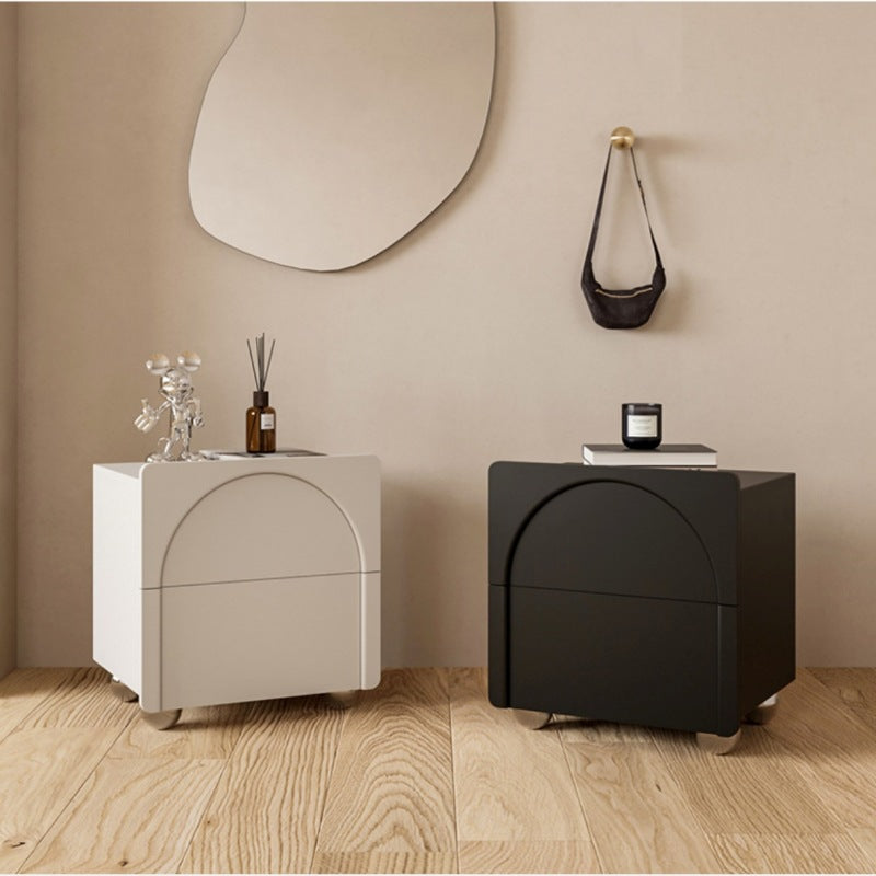 Modern Minimalist Square Half Round Microfiber Leather Solid Wood Stainless Steel Nightstand 2-Drawer For Bedroom