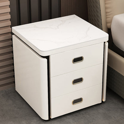 Modern Minimalist Square Rectangular Marble Glass Faux Leather Solid Wood Nightstand 3-Drawer For Bedroom