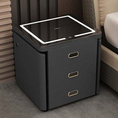 Modern Minimalist Square Rectangular Marble Glass Faux Leather Solid Wood Nightstand 3-Drawer For Bedroom