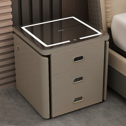 Modern Minimalist Square Rectangular Marble Glass Faux Leather Solid Wood Nightstand 3-Drawer For Bedroom