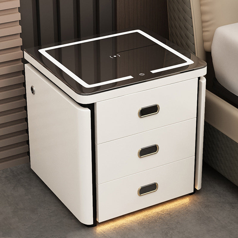 Modern Minimalist Square Rectangular Marble Glass Faux Leather Solid Wood Nightstand 3-Drawer For Bedroom