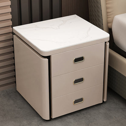 Modern Minimalist Square Rectangular Marble Glass Faux Leather Solid Wood Nightstand 3-Drawer For Bedroom