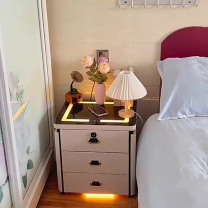 Modern Minimalist Square Rectangular Marble Glass Faux Leather Solid Wood Nightstand 3-Drawer For Bedroom