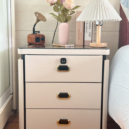 Modern Minimalist Square Rectangular Marble Glass Faux Leather Solid Wood Nightstand 3-Drawer For Bedroom