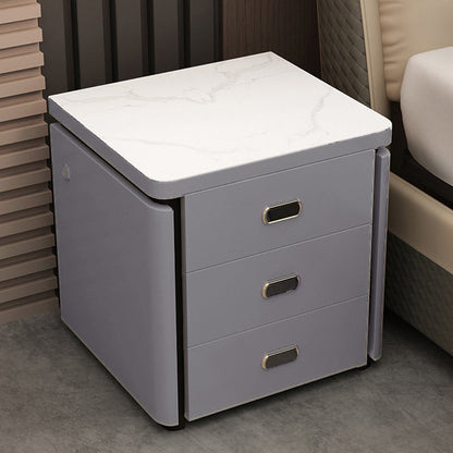 Modern Minimalist Square Rectangular Marble Glass Faux Leather Solid Wood Nightstand 3-Drawer For Bedroom