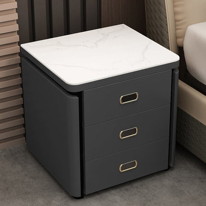 Modern Minimalist Square Rectangular Marble Glass Faux Leather Solid Wood Nightstand 3-Drawer For Bedroom