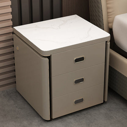 Modern Minimalist Square Rectangular Marble Glass Faux Leather Solid Wood Nightstand 3-Drawer For Bedroom