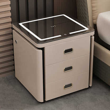 Modern Minimalist Square Rectangular Marble Glass Faux Leather Solid Wood Nightstand 3-Drawer For Bedroom