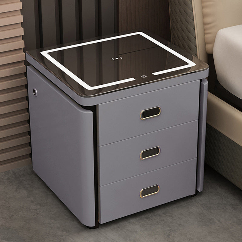 Modern Minimalist Square Rectangular Marble Glass Faux Leather Solid Wood Nightstand 3-Drawer For Bedroom